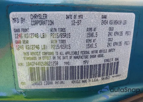 1998 Dodge Grand Caravan Se z USA, uszkodzony, nr VIN 1B4GP44R2WB621258